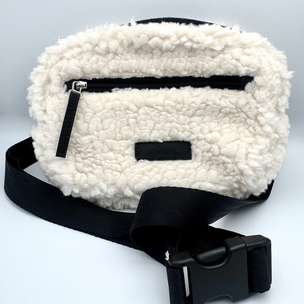 Athleta Excursion Belt Bag Sherpa Fleece Waist Pack Cream White Black Strap 8 in